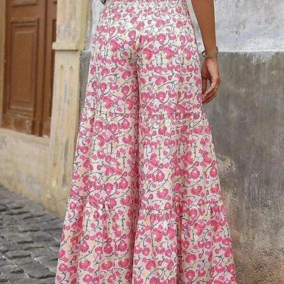 Pink Boho Women's Allover Print High Waist Wrap Around Wide Leg Pants - Picture 2 of 5